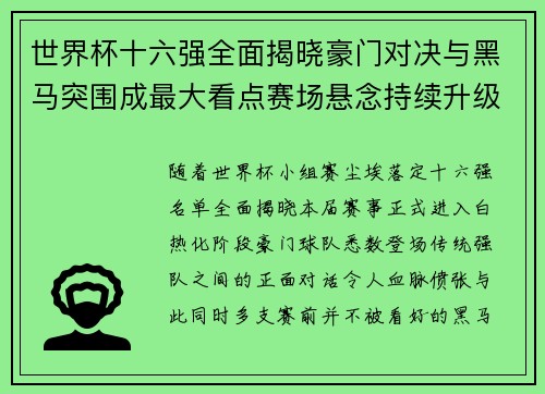 世界杯十六强全面揭晓豪门对决与黑马突围成最大看点赛场悬念持续升级